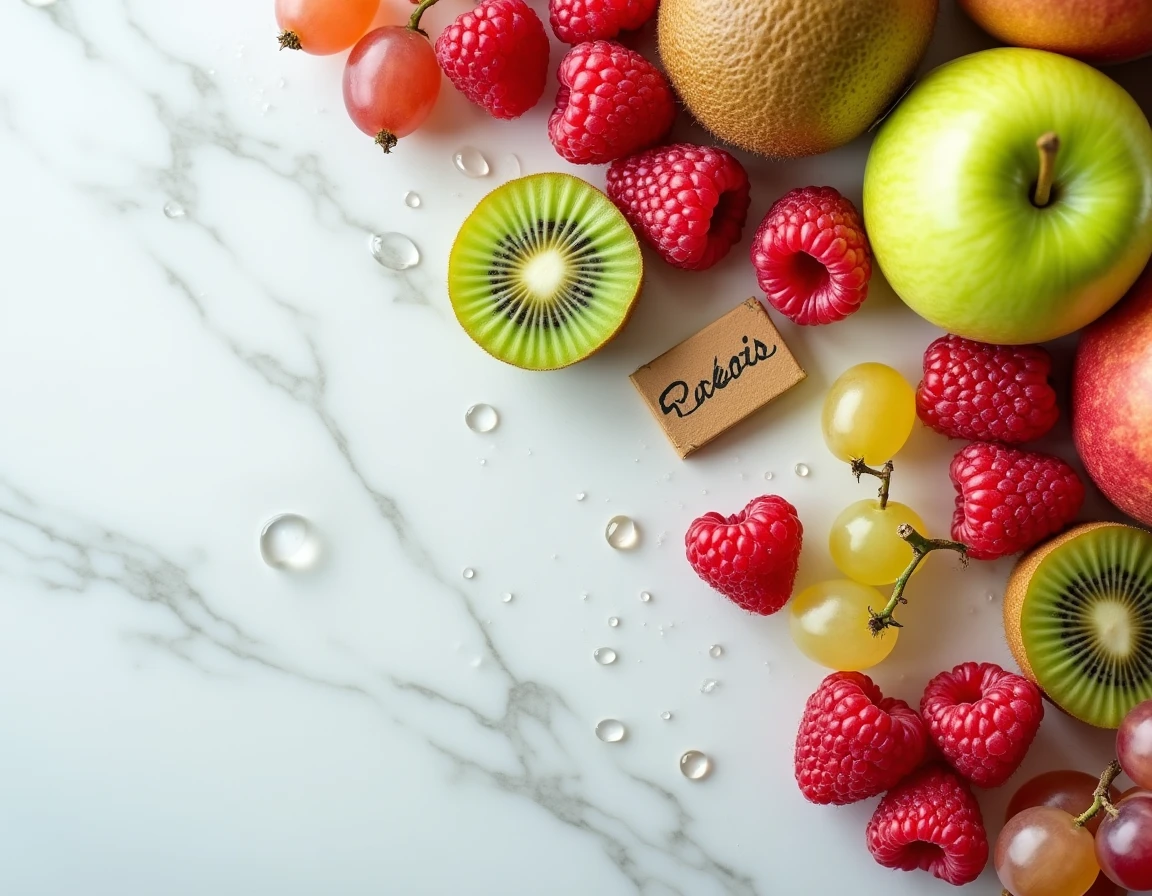 Vue aérienne de fruits variés coupe-faim disposés sur du marbre blanc : pomme verte, framboises, kiwi et raisins frais avec gouttes d'eau