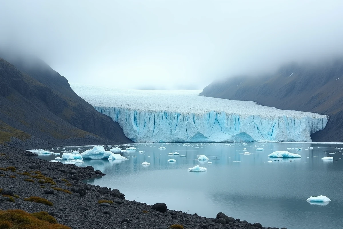 Glacier en train de fondre avec des blocs de glace se détachant dans un lac glaciaire, symbole du réchauffement climatique mondial