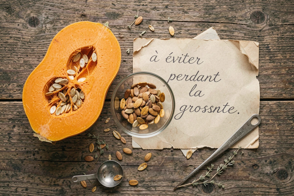 Graines de potimarron extraites et posées sur une table en bois avec une note d'avertissement pour la grossesse