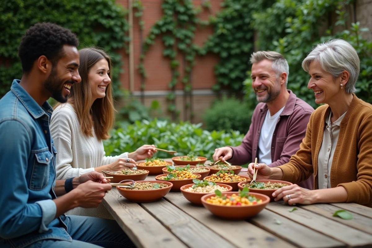 Groupe de personnes partageant un repas végétalien dans un jardin communautaire urbain