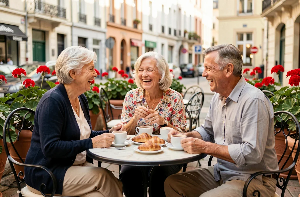 Groupe de retraités souriants partageant un café en terrasse, illustrant l'importance du lien social pour maintenir une bonne santé mentale après la retraite