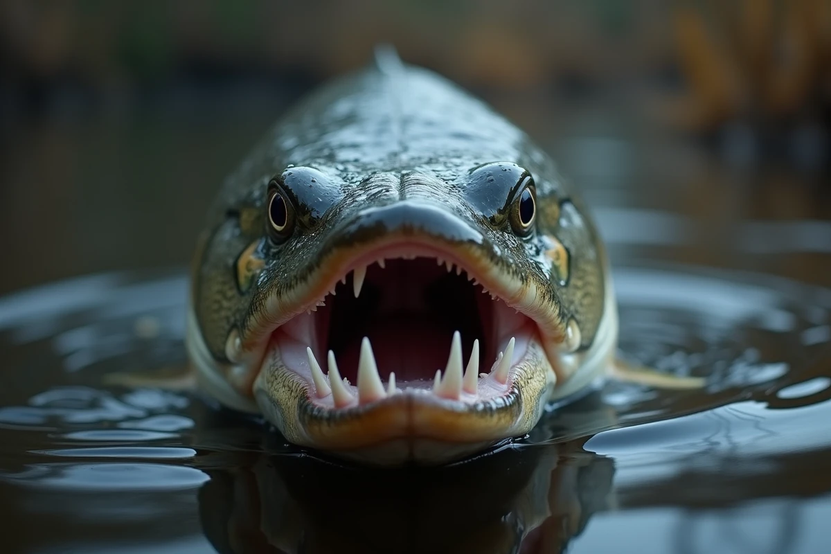 Gros plan de la gueule ouverte d'un brochet montrant ses dents acérées et pointées vers l'arrière, illustrant la morphologie responsable des morsures profondes