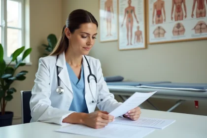 Gynécologue en consultation expliquant un diagnostic de lésion malpighienne intra-épithéliale de haut grade à une patiente