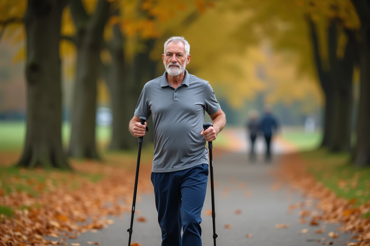 Homme âgé pratiquant la marche nordique dans un parc en automne avec des bâtons de marche