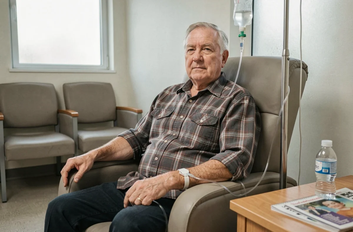 Homme âgé recevant seul une perfusion de fer dans une salle de soins de jour, expression de fatigue légère et de patience