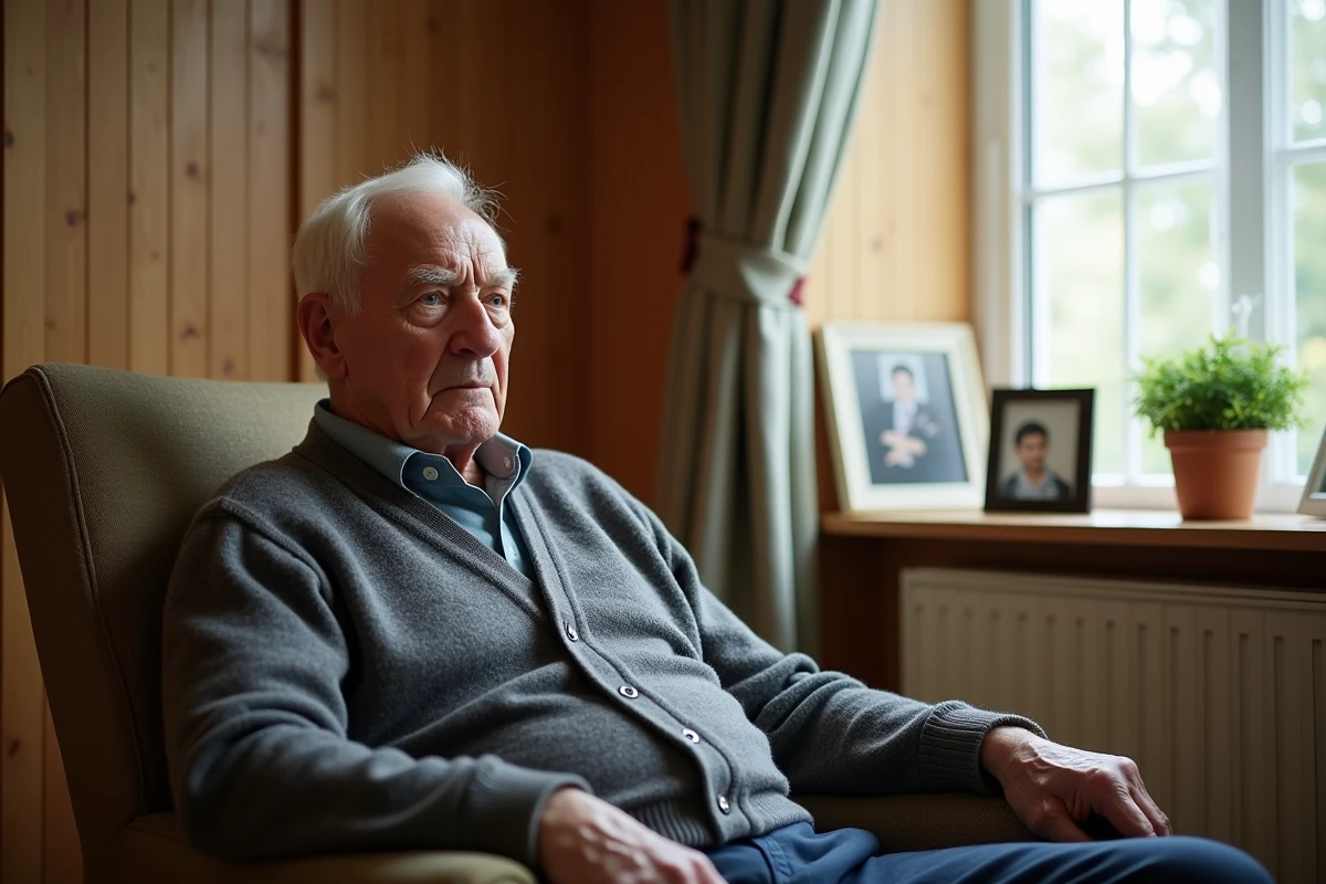 Homme âgé pensif assis dans un fauteuil en maison de retraite regardant par la fenêtre