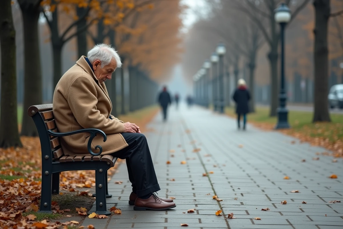 Homme âgé seul sur un banc de parc en automne, entouré d'espace vide, illustrant l'isolement social en milieu urbain