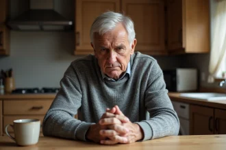 Homme âgé aux mains tremblantes assis à une table en bois, illustrant les symptômes de la maladie de Parkinson