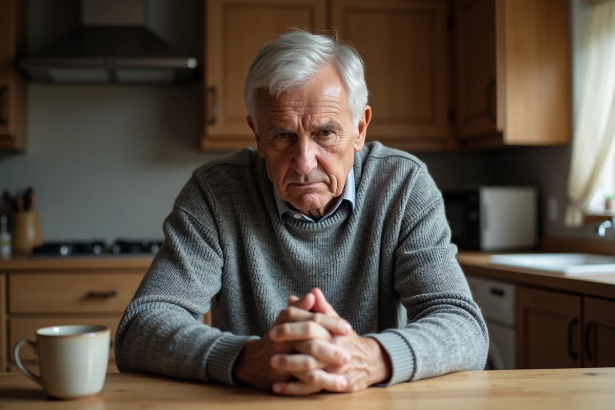 Homme âgé aux mains tremblantes assis à une table en bois, illustrant les symptômes de la maladie de Parkinson