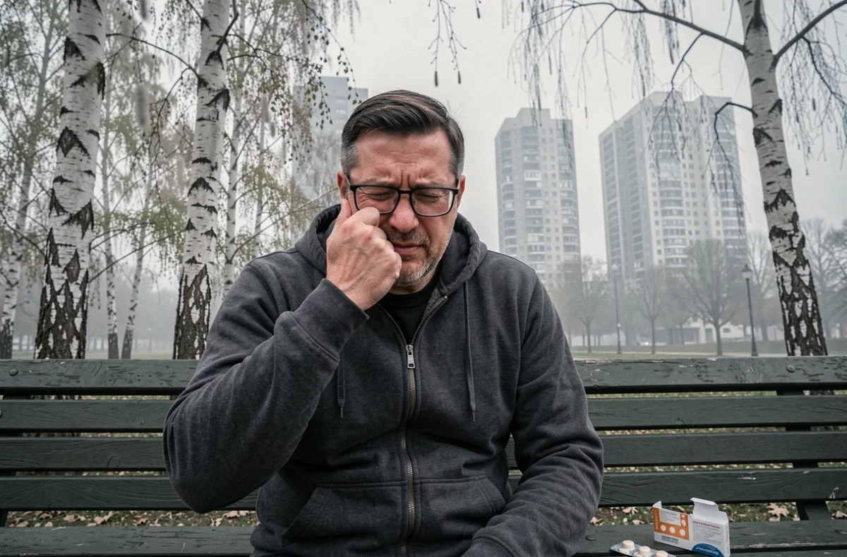Homme d'âge mûr dans un parc urbain souffrant d'allergies aux pollens aggravées par la pollution atmosphérique, avec des médicaments antiallergiques sur le banc