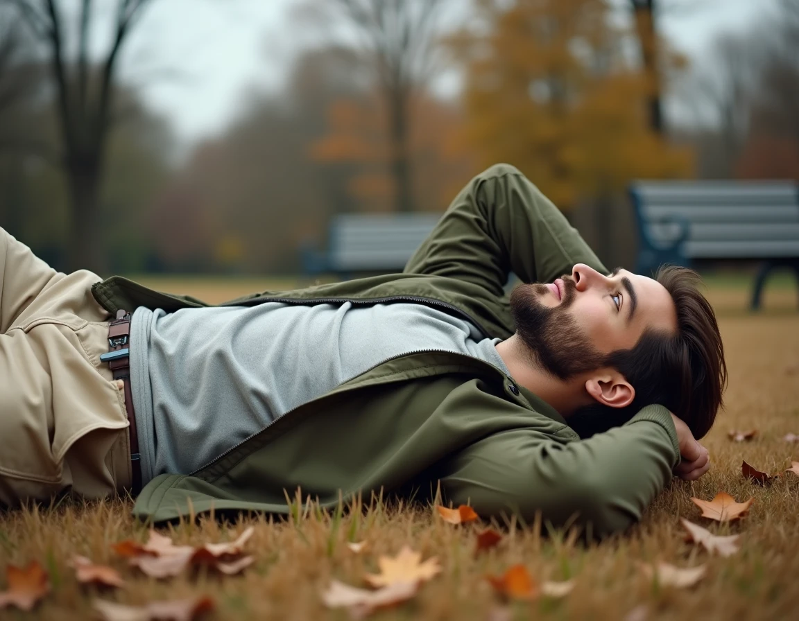 Homme allongé dans un parc automnal les yeux levés vers le ciel, dans une posture de lâcher-prise et de libération de l'esprit en plein air