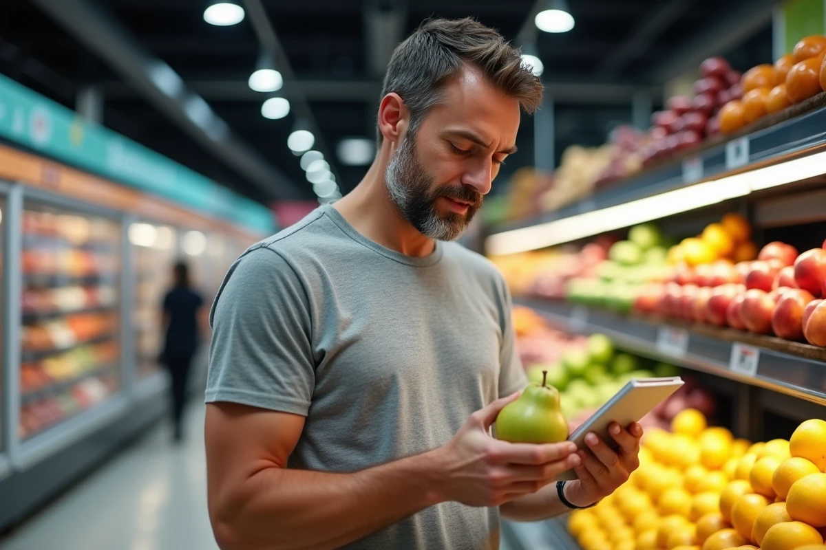 Homme d'âge mûr choisissant une poire dans le rayon fruits d'un supermarché moderne, illustrant comment sélectionner les fruits qui coupent l'appétit