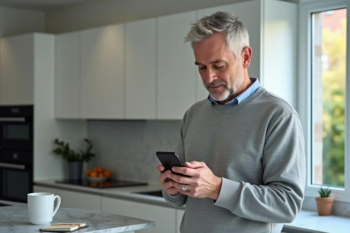 Homme mature consultant une application de rappels sur smartphone dans une cuisine moderne pour lutter contre les oublis