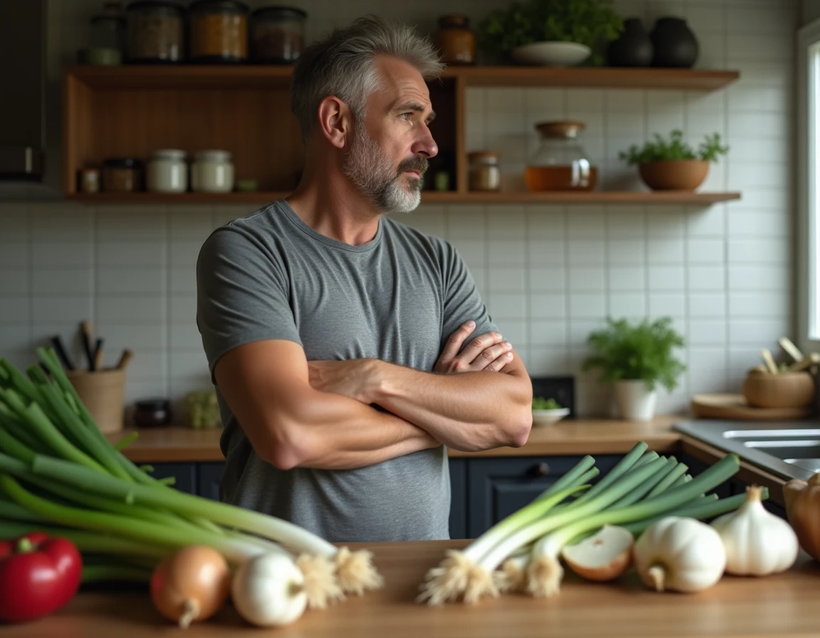 Homme dans sa cuisine face à un assortiment de légumes alliacés dont des oignons, représentant les aliments à éviter en cas d'allergie