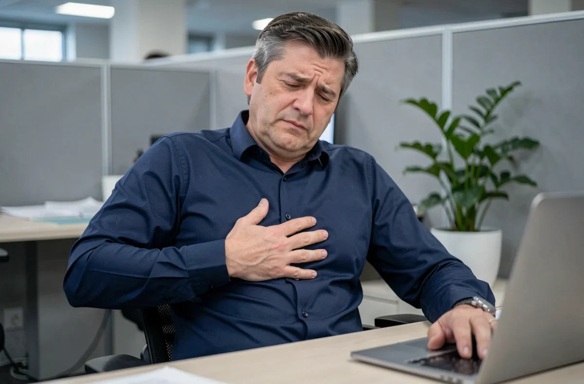 Homme au bureau souffrant d'une douleur intercostale due au stress et à l'anxiété au travail