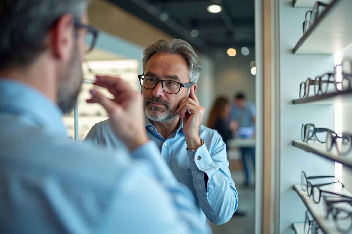 Homme essayant des montures de lunettes devant un miroir dans une optique moderne