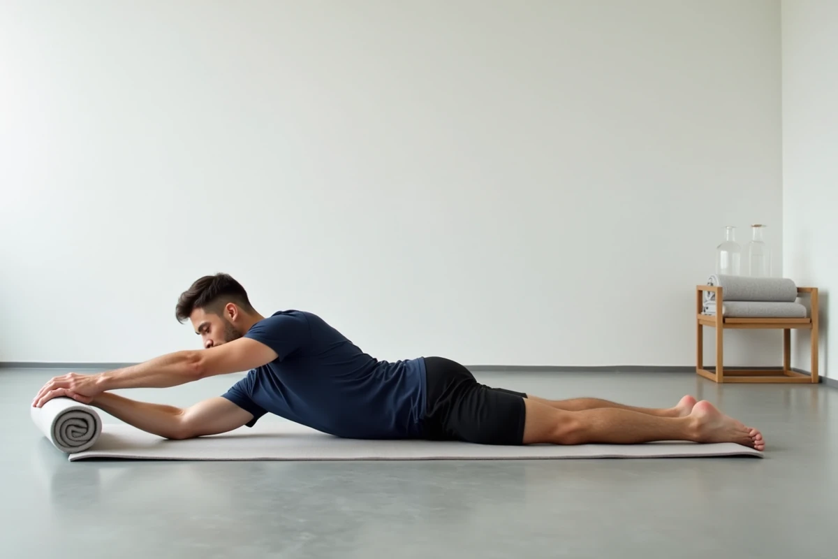 Homme effectuant un étirement profond sur un tapis de yoga dans un studio de bien-être intérieur minimaliste