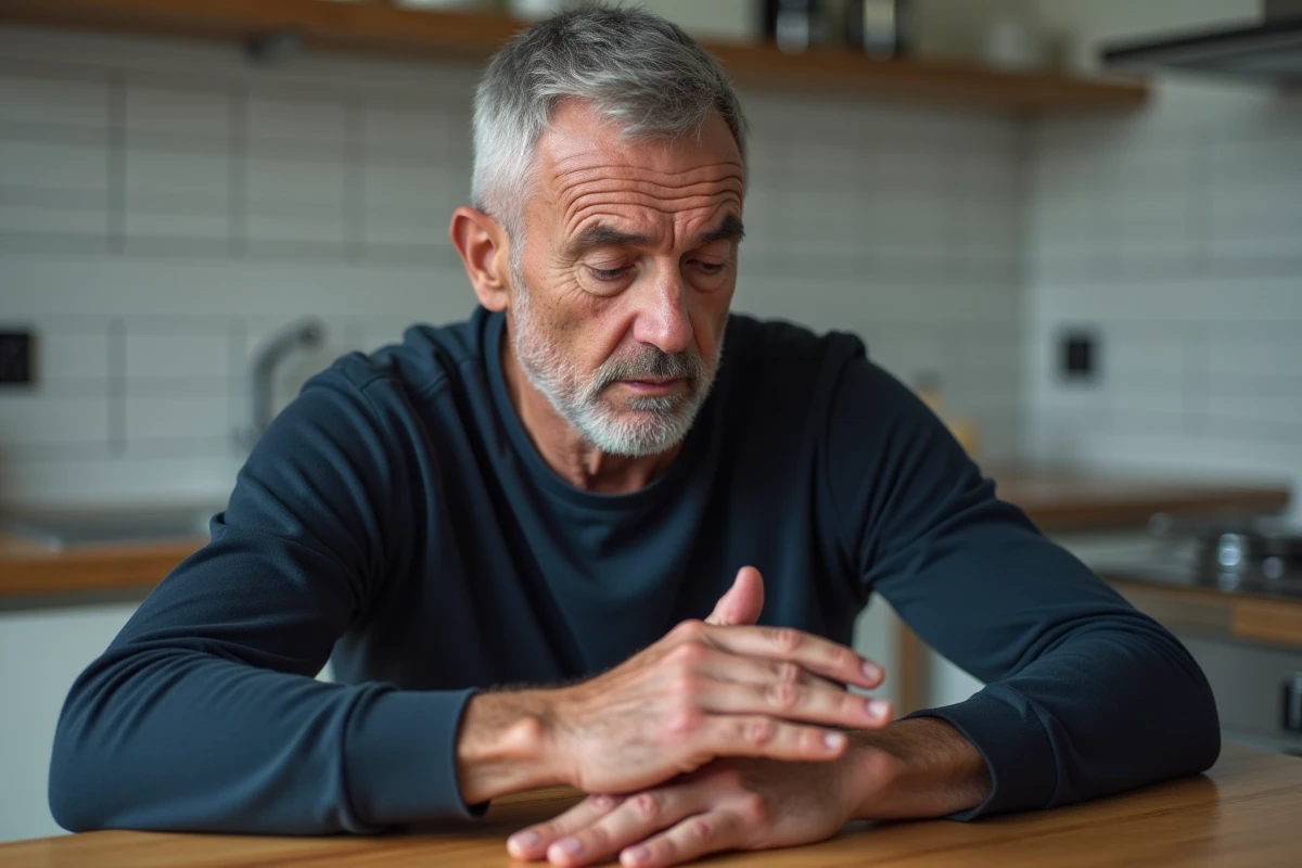 Homme âgé examinant sa main gauche irritée et sèche dans une cuisine