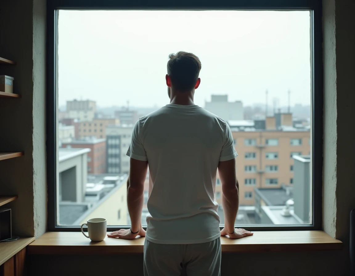 Homme debout devant une grande fenêtre industrielle regardant la ville, dans une posture pensive et détendue favorisant la déconnexion mentale