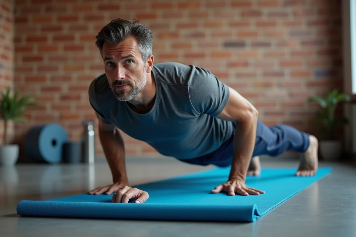 Homme faisant un exercice de gainage latéral sur tapis de yoga dans une salle de sport à domicile