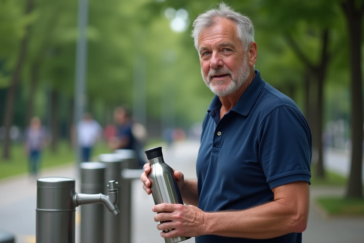 Homme remplissant une gourde en inox à une fontaine dans un parc urbain pour rester hydraté