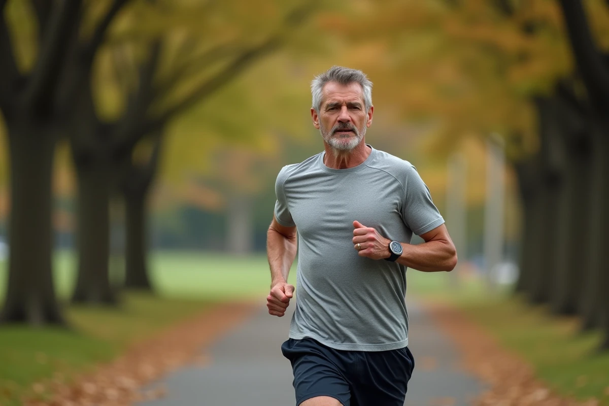 Homme d'âge mûr faisant du jogging dans un parc en automne, symbolisant les bienfaits de l'activité physique régulière sur la santé