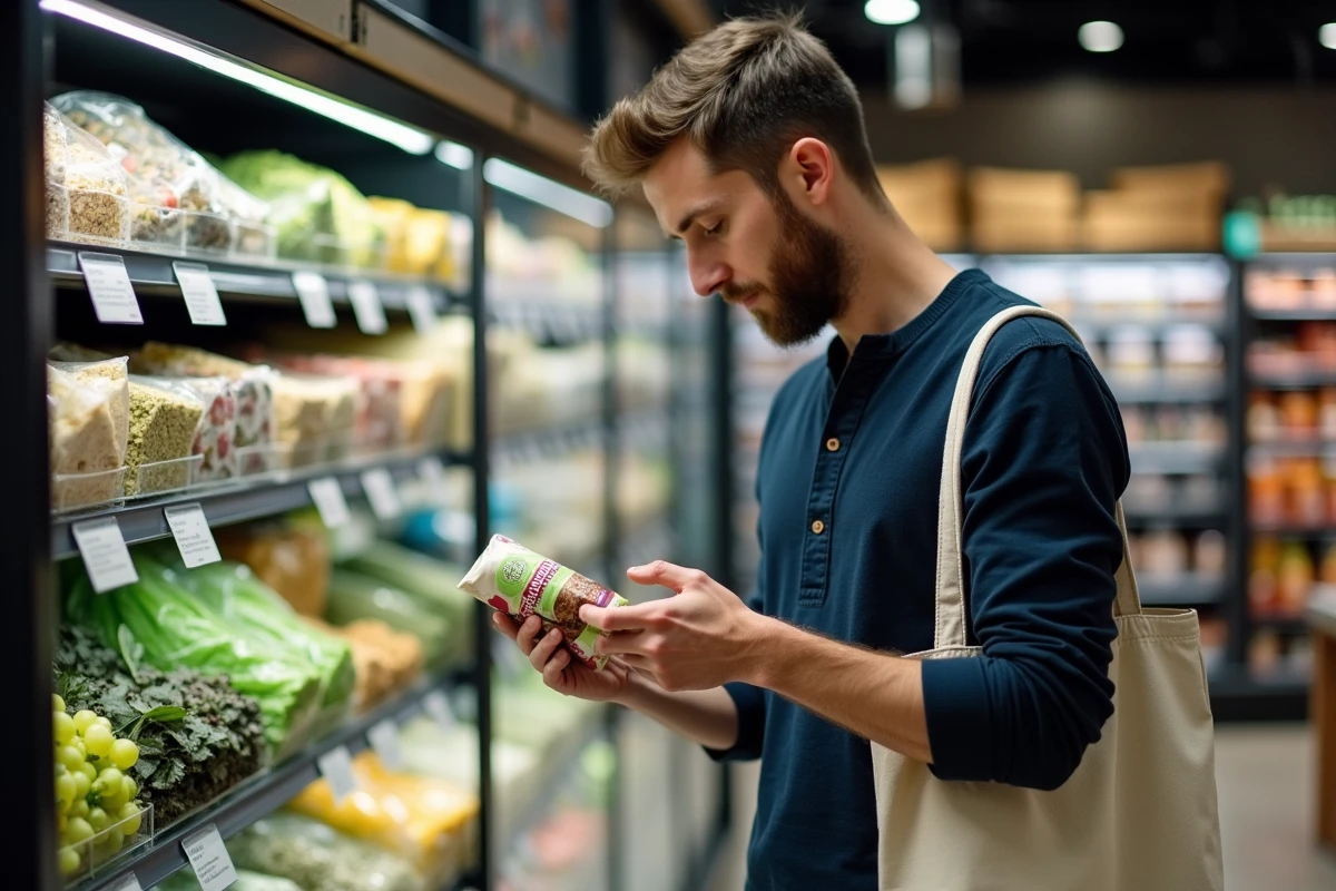 Homme lisant l'étiquette d'un produit végétalien riche en protéines dans un supermarché bio