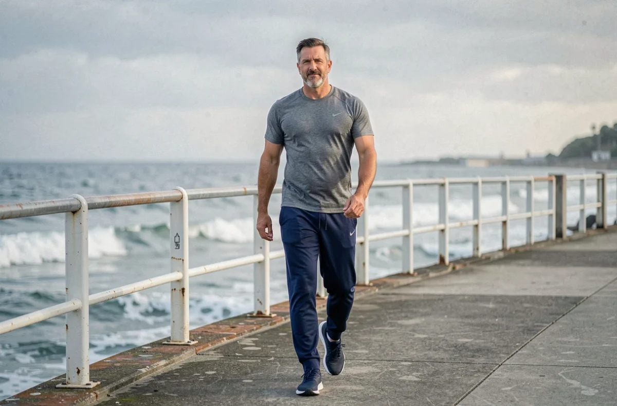 Homme d'âge moyen marchant sur une promenade en bord de mer dans le cadre d'une routine minceur quotidienne