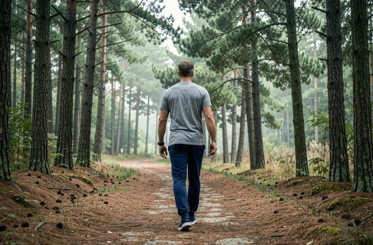 Homme marchant sur un sentier forestier pour atteindre 10 000 pas quotidiens et favoriser la perte de poids