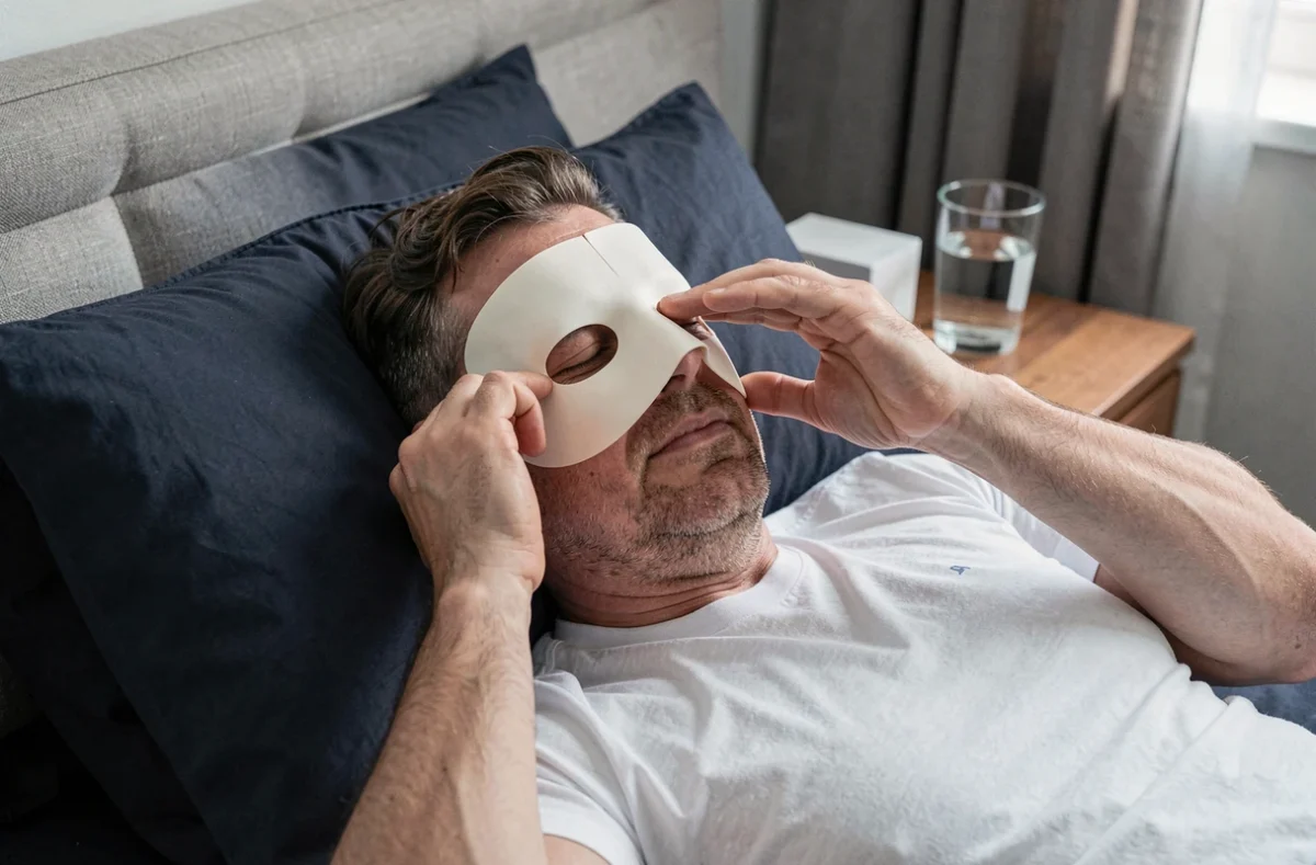 Homme appliquant un masque thérapeutique sur les yeux et le nez pour soulager une migraine, allongé sur un lit