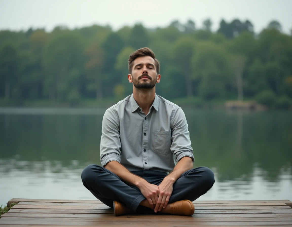 Homme assis en méditation sur un ponton en bois au bord d'un lac calme, les yeux fermés, dans une posture de détente mentale profonde