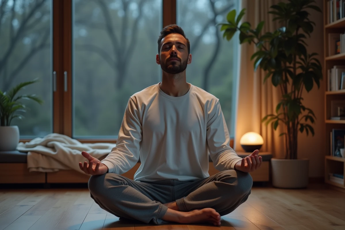 Homme pratiquant la méditation avant de dormir, assis sur le sol dans un salon minimaliste la nuit