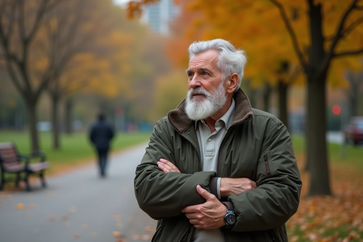 Homme d'âge mûr dans un parc urbain en automne, bras légèrement rigide évoquant un tremblement lié à la maladie de Parkinson