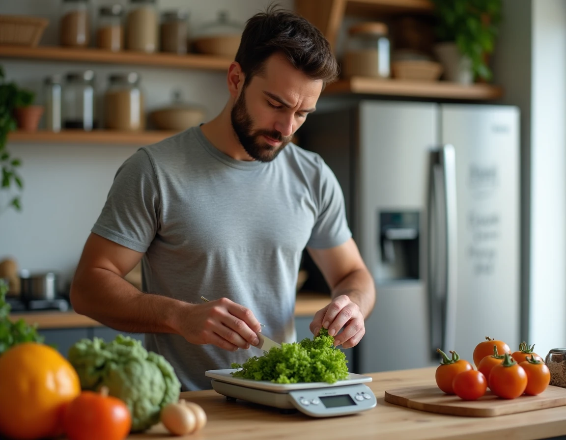 Homme pesant des légumes frais sur une balance de cuisine pour un suivi nutritionnel