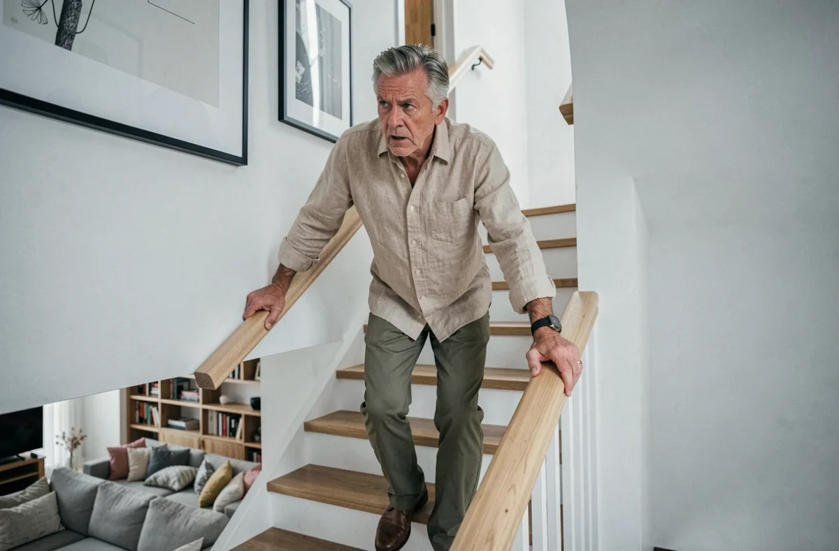 Homme âgé s'agrippant à la rampe d'escalier par peur de tomber, séquelle courante de la névrite vestibulaire