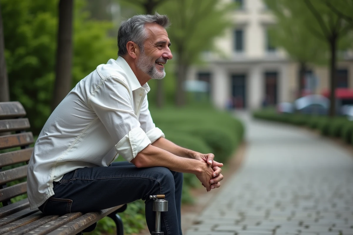 Homme amputé avec prothèse de jambe assis dans un parc urbain, souriant avec confiance et sérénité