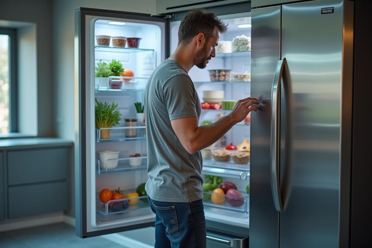 Homme consultant des aliments portionnés dans un réfrigérateur pour planifier une alimentation progressive adaptée à son estomac