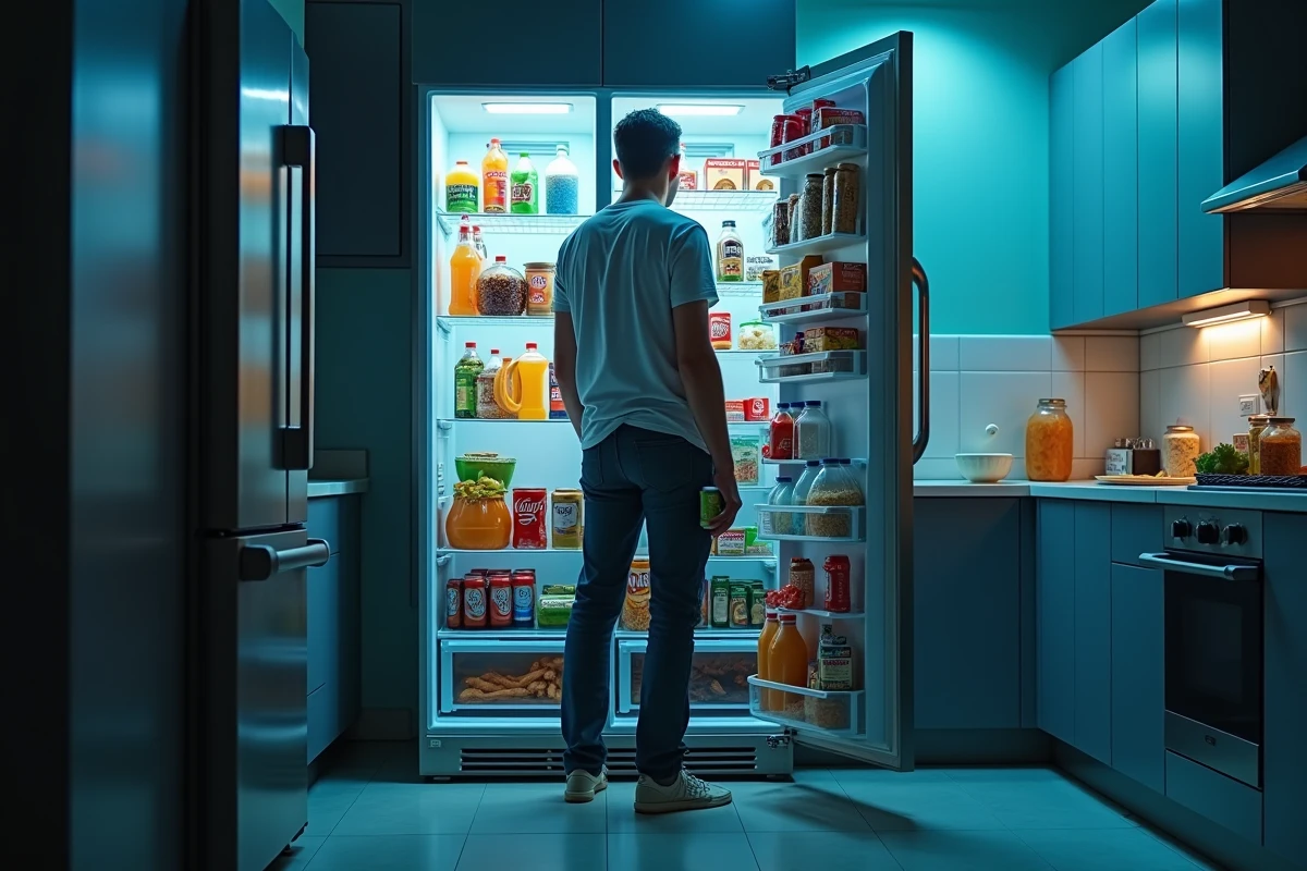 Homme regardant un réfrigérateur rempli d'aliments transformés et de boissons sucrées, représentant les mauvaises habitudes alimentaires et leur impact sur la santé cérébrale