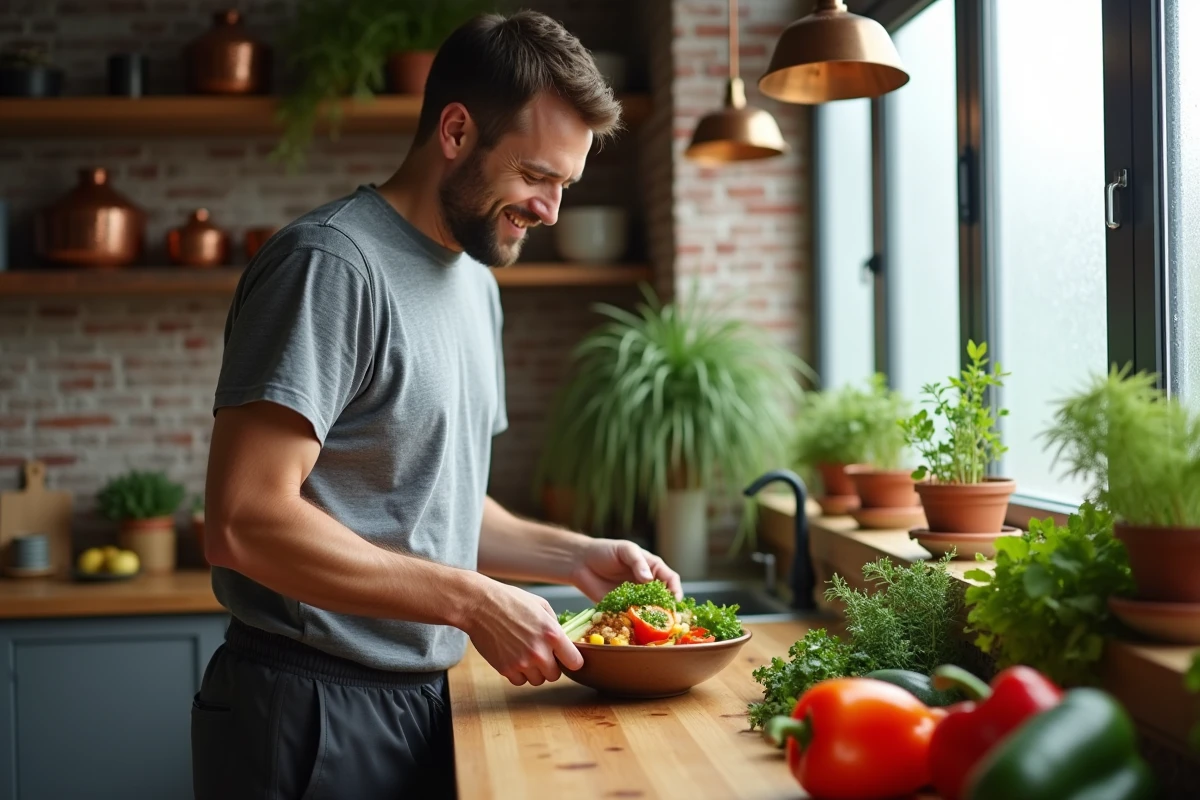 Homme adulte préparant un repas équilibré avec des légumes frais dans une cuisine rustique pour perdre du poids