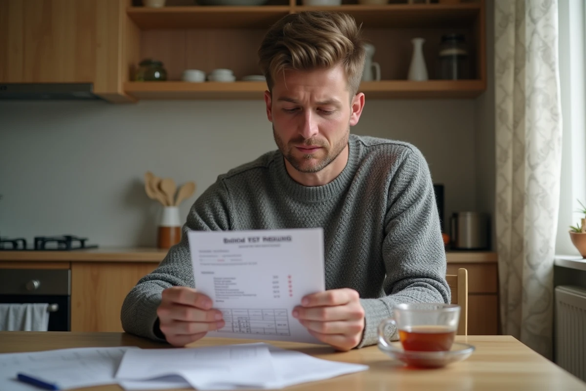 Homme à domicile examinant les résultats d'une analyse de sang avec des valeurs signalées sur papier