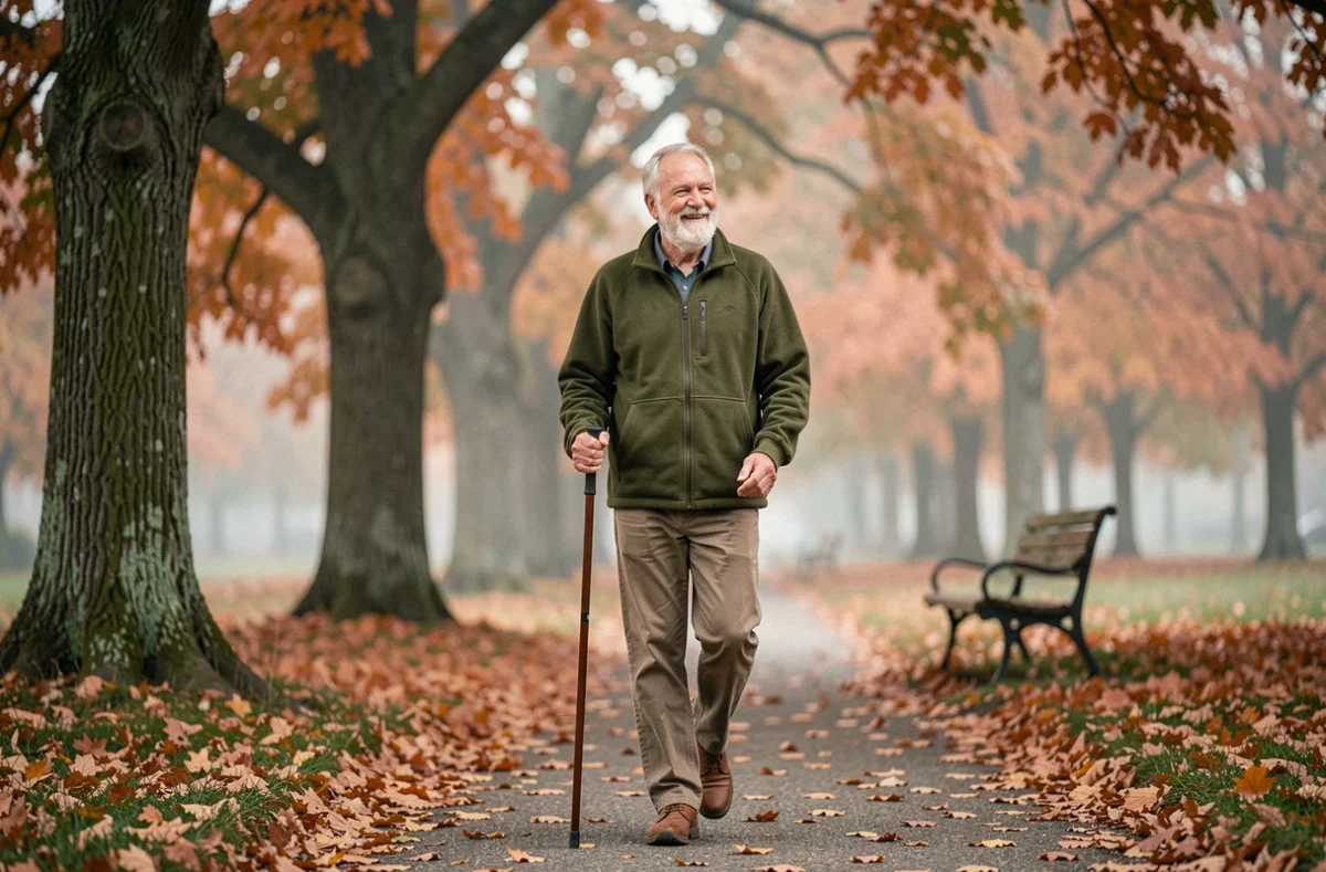 Homme retraité promenant dans un parc en automne avec un sourire serein, illustrant les bienfaits de l'activité physique pour la santé mentale des seniors