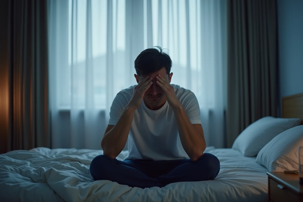 Homme assis au bord du lit se frottant les yeux après un réveil trop tôt le matin