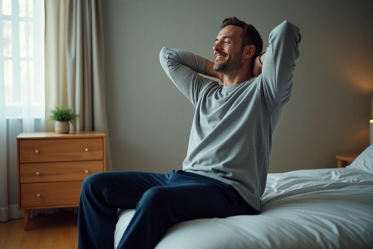 Homme en tenue de nuit réalisant des étirements au bord de son lit dans une chambre épurée, symbolisant une routine du coucher régulière pour améliorer la qualité du sommeil