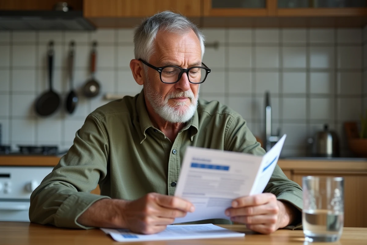 Un homme âgé consulte une brochure sur la vaccination contre le zona à la maison