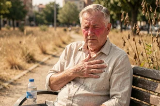 Homme senior fatigué tenant sa poitrine dans un parc surchauffé en été, illustrant les risques cardiovasculaires liés aux vagues de chaleur