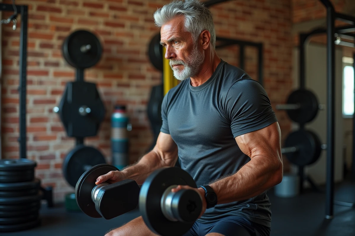 Homme de 60 ans soulevant des haltères dans une salle de sport à domicile, illustrant la lutte contre la perte musculaire liée à l'âge