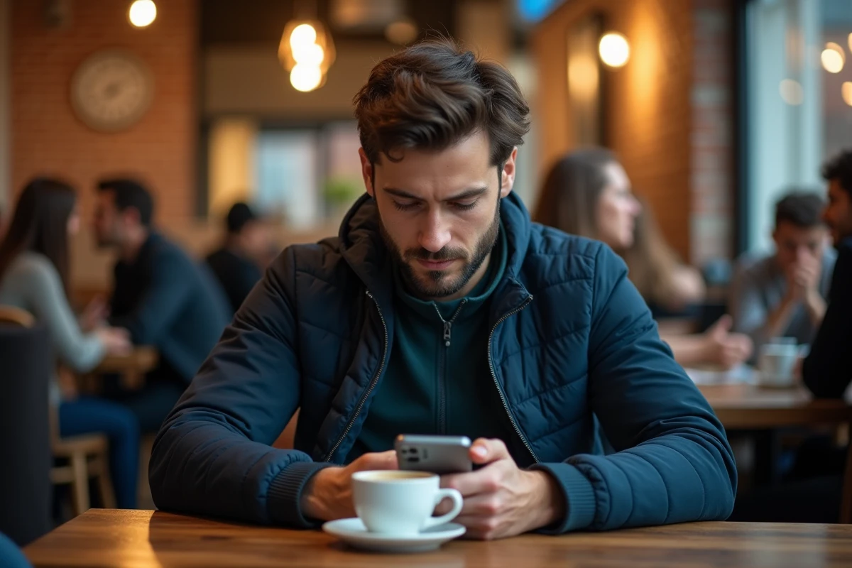Homme isolé dans un café regardant son téléphone entouré de monde, sentiment de solitude lié aux réseaux sociaux et dépression