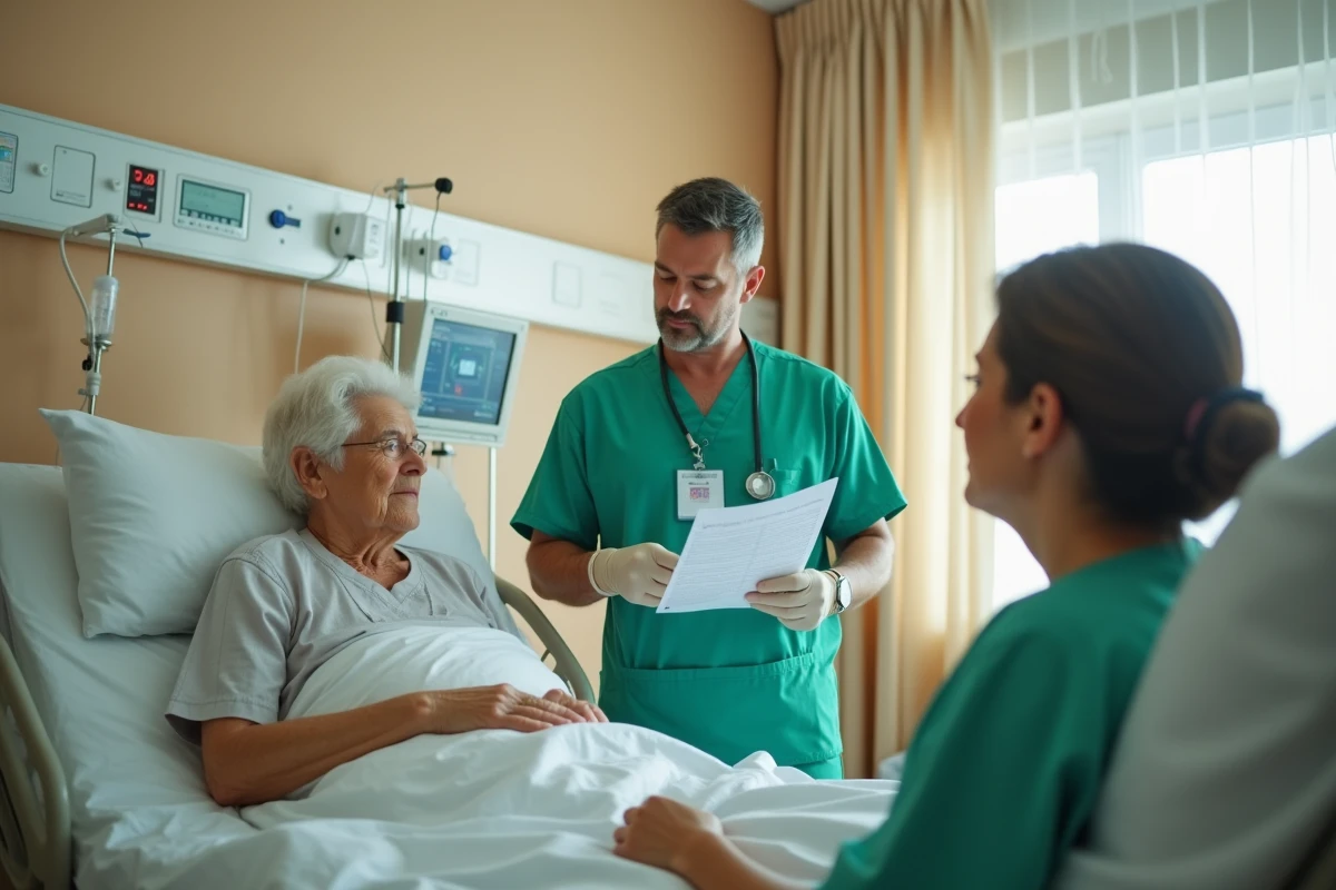 Infirmier discutant du plan de soins avec une patiente âgée dans une chambre d'hôpital, représentant l'étape de planification du processus de soins infirmiers