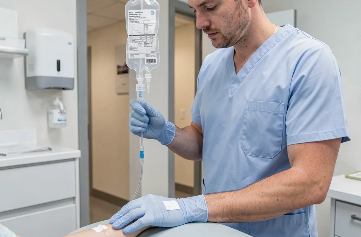Infirmier surveillant une perfusion de fer intraveineuse sur le bras d'un patient dans une unité de soins hospitalière