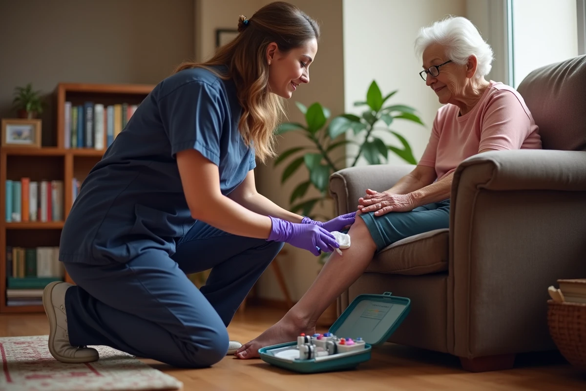 Infirmière à domicile nettoyant une plaie chirurgicale avec fibrine sur la jambe d'une patiente âgée